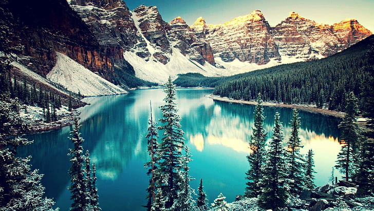 Winter in Canada Moraine Lake, lakes, mountains, nature, pine trees