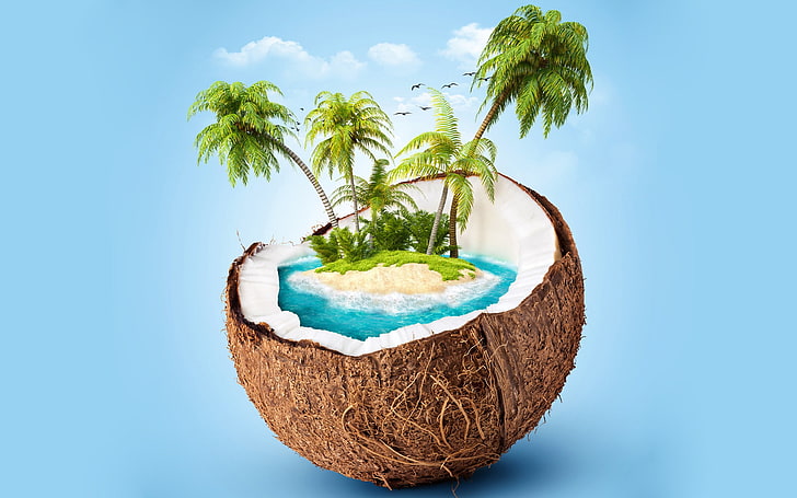 green palm trees illustration, coconuts, island, render, blue background, HD wallpaper