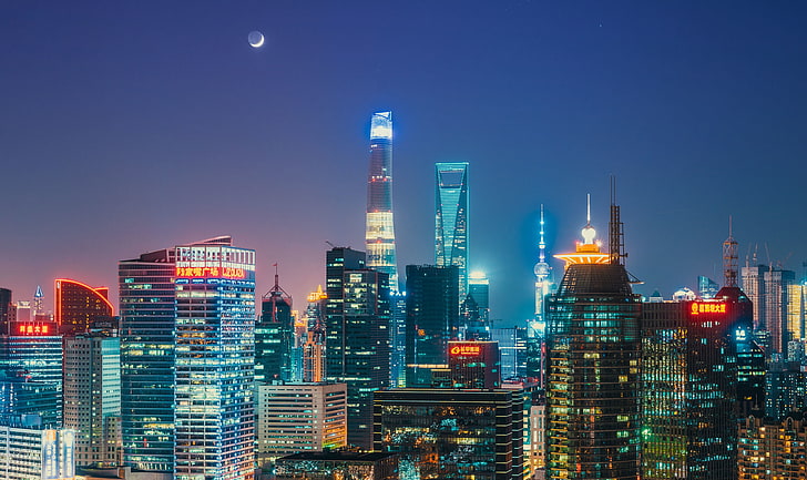 the sky, night, lights, city, the moon, horizon, China, Shanghai, HD wallpaper