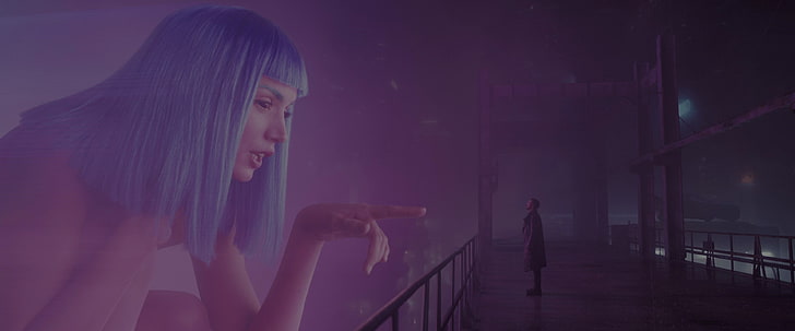 blue-haired female character, Blade Runner 2049, futuristic, young adult