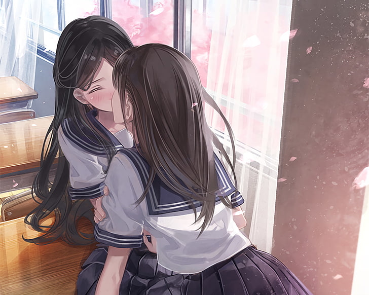HD wallpaper: shoujo-ai, romance, school uniform, kissing, Anime, women,  two people | Wallpaper Flare
