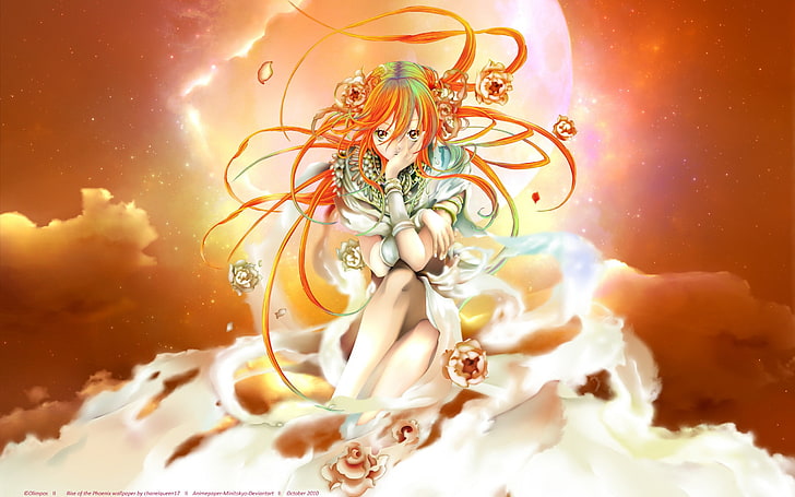 orange-haired female anime character, nature, no people, close-up