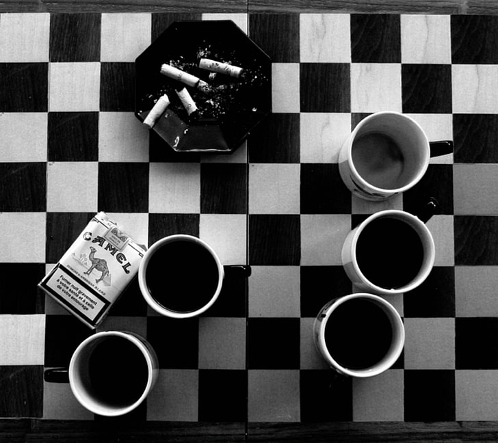 five white ceramic mugs, coffee, cigarettes, monochrome, cup