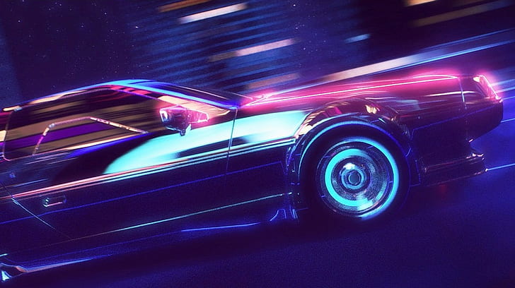 1980s, synthwave, car, neon, retro games, New Retro Wave, DeLorean, HD wallpaper