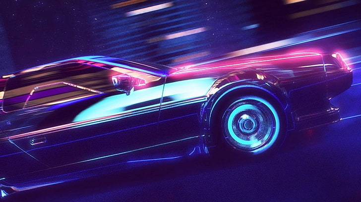 black car, pink and blue car timelapse photography, New Retro Wave, HD wallpaper