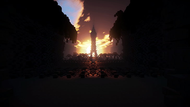 concrete mosque, Minecraft, sky, sunset, silhouette, nature, architecture