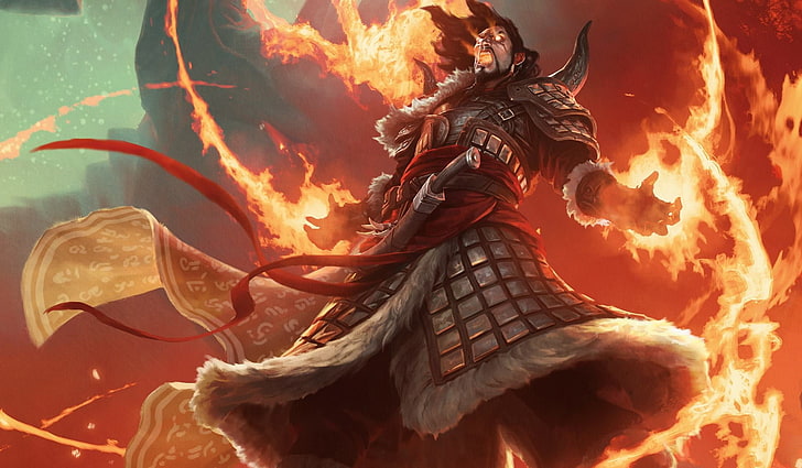 male warrior game character, Magic: The Gathering, wizard, fire