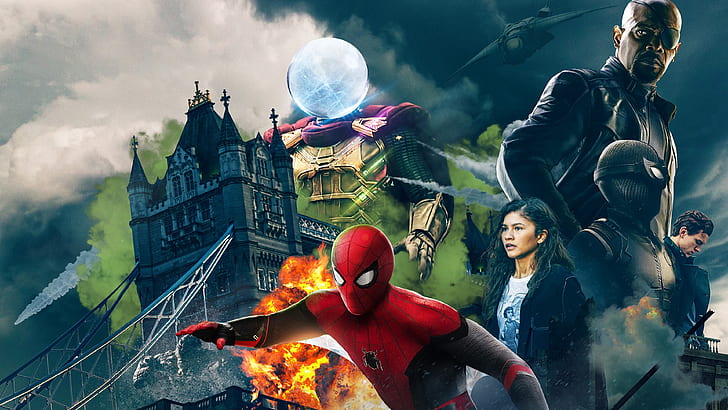 HD wallpaper: Spider-Man Far From Home, Tom Holland, Nick Fury, digital ...