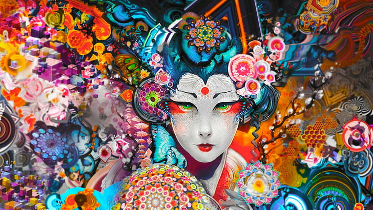 geisha, digital art, colorful, multi colored, disguise, mask, HD wallpaper