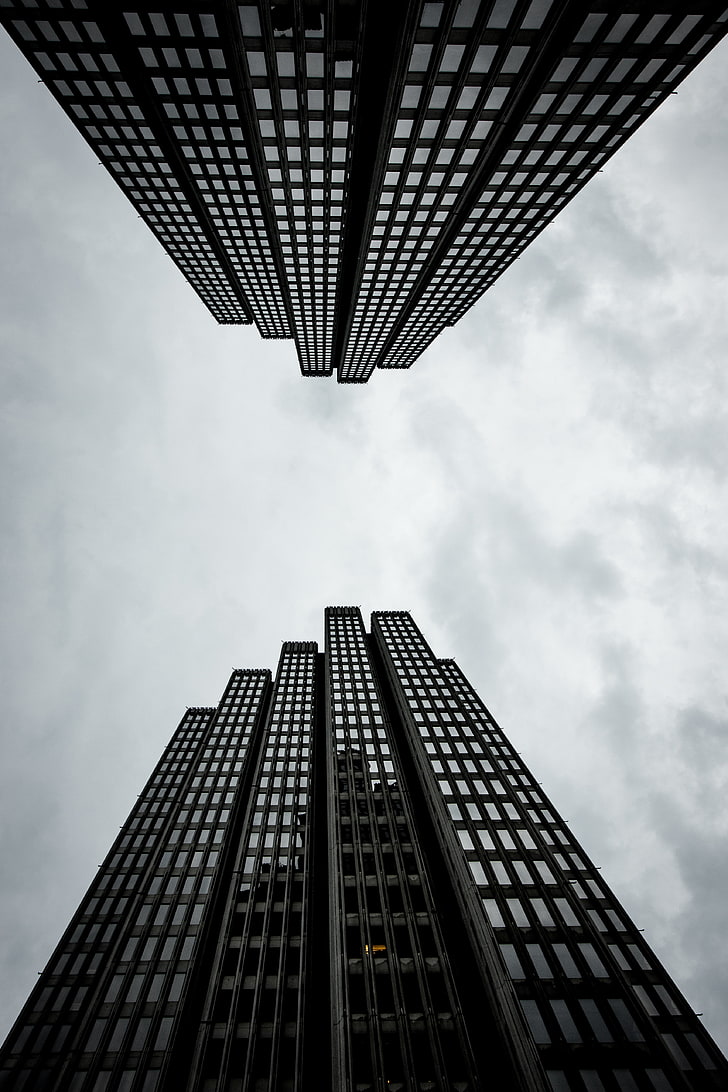 high-rise building grayscale photo, skyscrapers, view from below, HD wallpaper