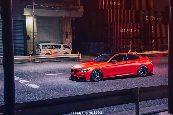 car, vehicle, red cars, BMW M4, street, outdoors, night, mode of transportation