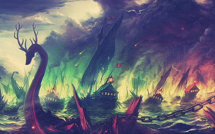 brown sail boat on fire wallpaper, sea creature painting, Game of Thrones