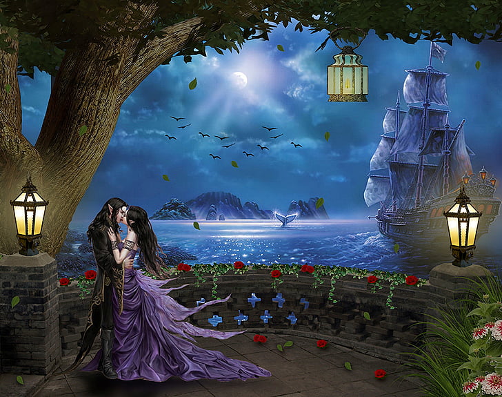 Fantasy, Elf, Couple, Dancing, Flower, Lantern, Night, Ocean, HD wallpaper