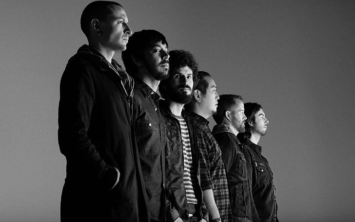Linkin Park, row, members, photo-set, height, people, men, black And White