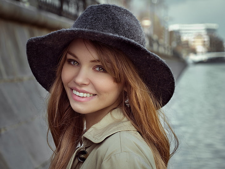 women, model, face, portrait, hat, smiling, Anastasia Scheglova, HD wallpaper