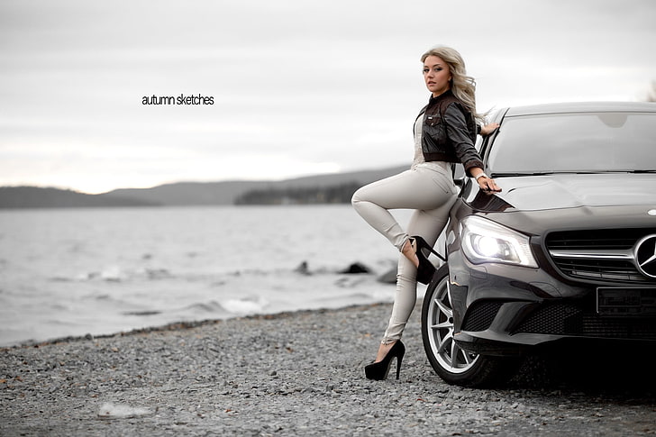 black Mercedes-Benz vehicle, women, blonde, pants, black heels, HD wallpaper