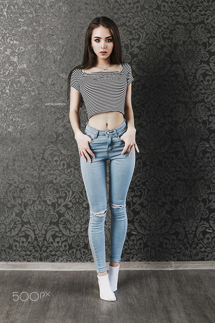 standing, women, jeans, model, Anton Harisov, women indoors, HD wallpaper