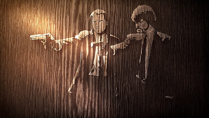 Pulp Fiction illustration, gun, tree, actors, John Travolta, Samuel Jackson, HD wallpaper