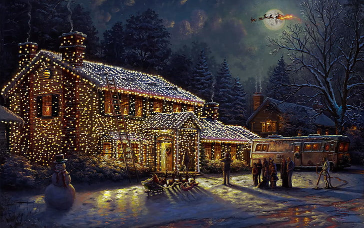 house with string lights illustration, canvas, oil painting, Christmas, HD wallpaper