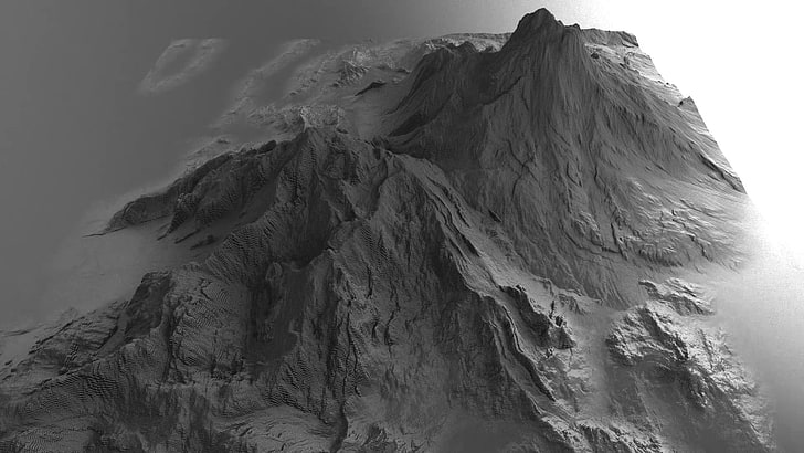 grayscale photo of mountain, world machine, geoglyph, digital art