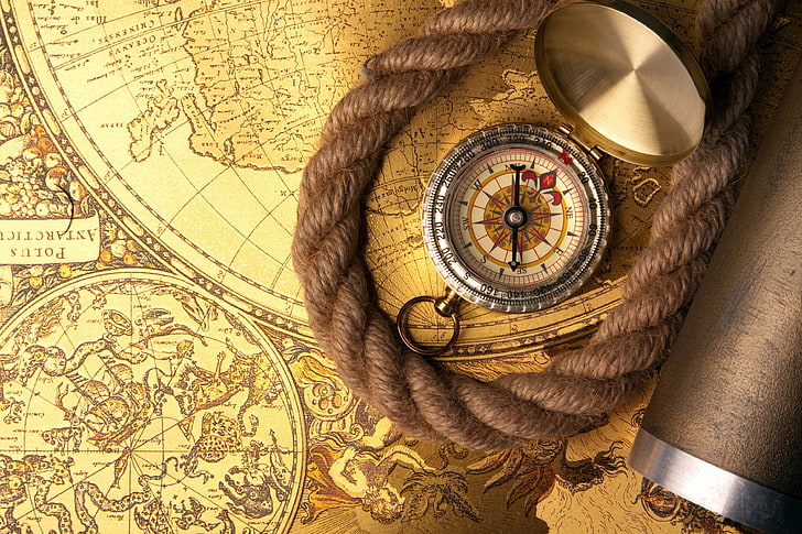 grey compass, map, rope, direction, cartography, east, north