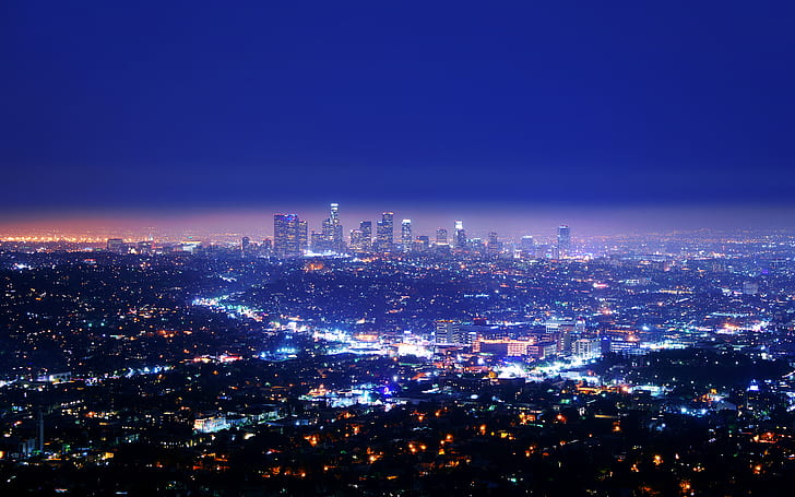 Skyscrapers and downtown Los Angeles at night in the moonlight