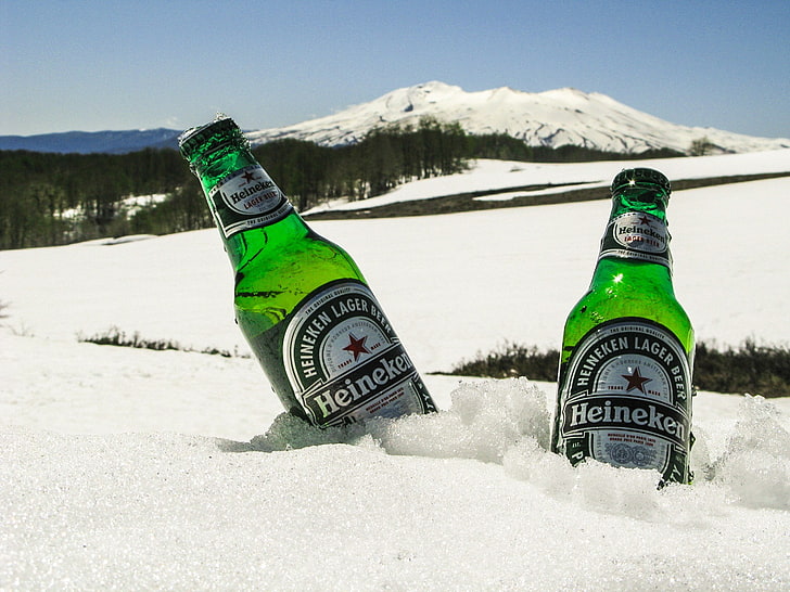 Heineken, snow, mountains, road, cold temperature, winter, nature, HD wallpaper