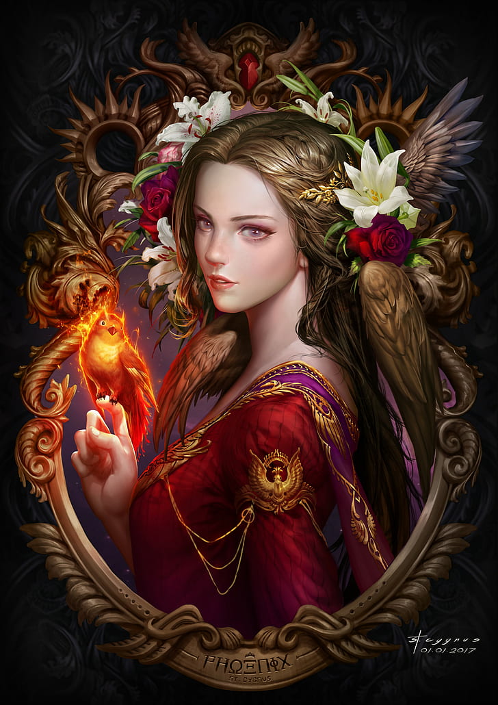 women, phoenix, artwork, fantasy art, fantasy girl, portrait