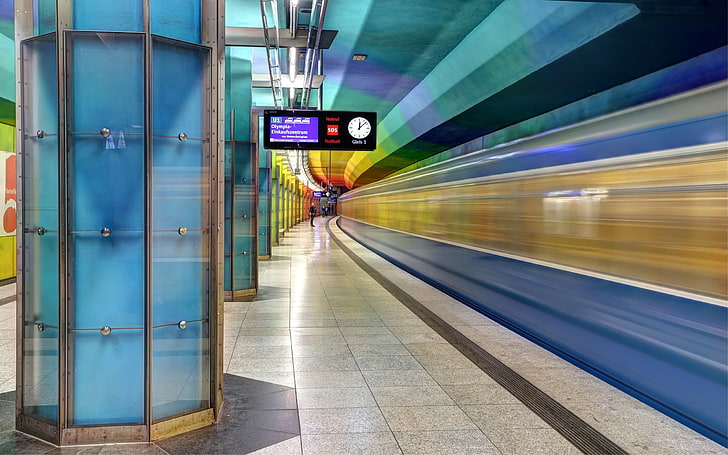 train subway station, clocks, Munich, long exposure, transportation