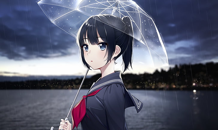 HD wallpaper: anime girl, raining, umbrella, black hair, ponytail, profile  view | Wallpaper Flare