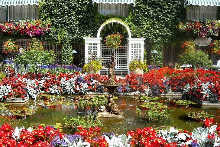 Butchart Garden, blooms, park, nature, grass, pond, beautiful, HD wallpaper