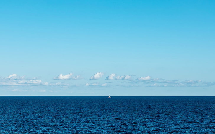 body of water, sea, boat, clear sky, clouds, minimalism, scenics - nature