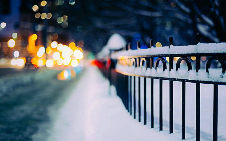 street, winter, urban, lights, snow, fence, bokeh, depth of field