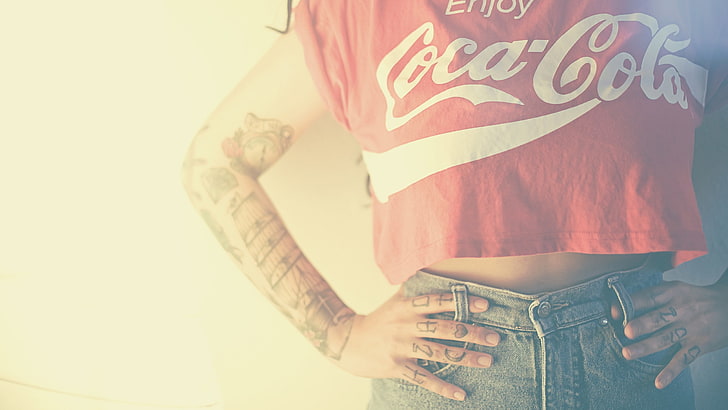 red Coca-Cola graphic shirt, women, tattoo, model, midsection