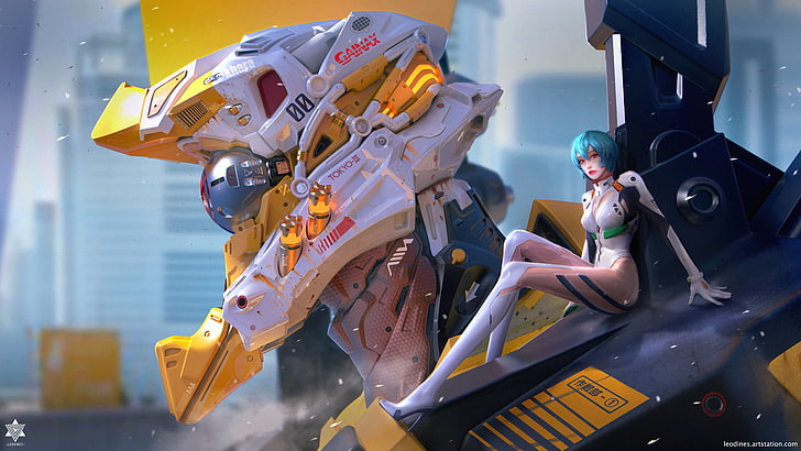 animated of woman with robot, anime girls, EVA Unit 00, mech, HD wallpaper