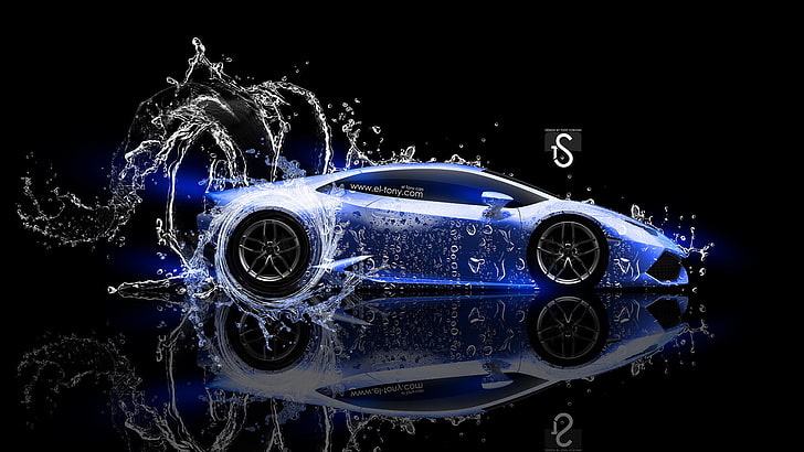 blue sports coupe illustration, Water, Black, Lamborghini, Neon