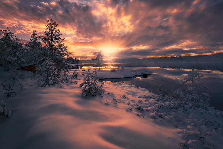 winter, clouds, rays, snow, sunset, lake, Norway, Ringerike, HD wallpaper