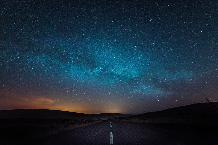 concrete road over stary night, Road to Nowhere, stars, nights, HD wallpaper