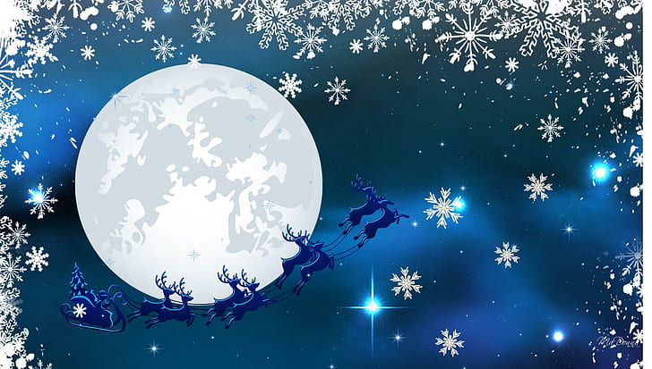Santa Blue Sky, full moon, stars, snowflakes, christmas, reindeer, HD wallpaper