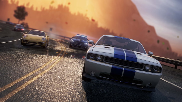 silver Dodge Challenger, road, police, chase, Porsche, need for speed most wanted 2, HD wallpaper