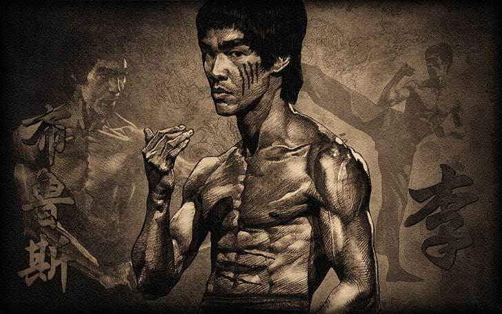 Bruce Lee clip art, actor, male, torso, stand, muscles, brucee lee