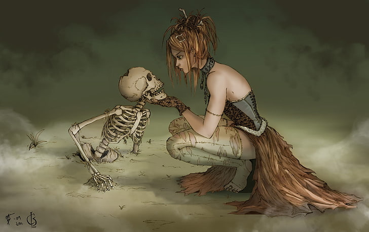 woman wearing gray halterneck dress talking to skeleton illustration