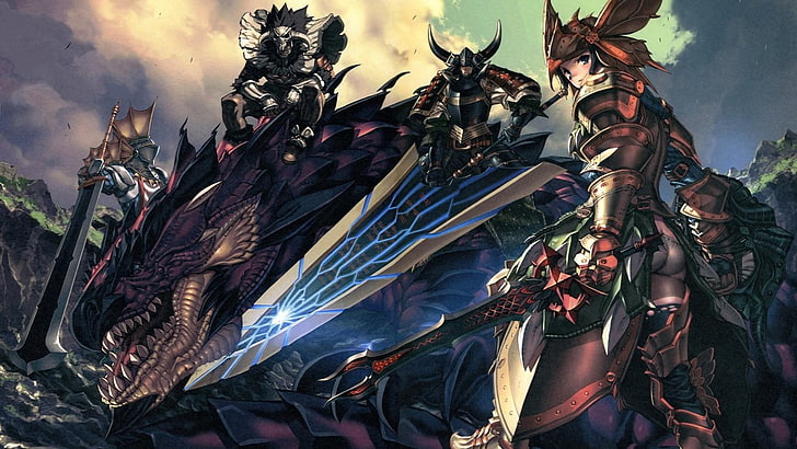 game characters wearing armors and black dragon, Monster Hunter