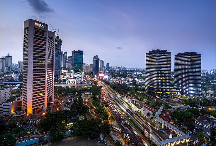 Cities, Jakarta, Building, Evening, Indonesia, Light, Skyscraper, HD wallpaper