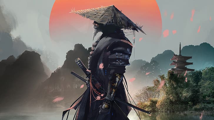 samurai, sword, katana, Japanese, digital art, Sun, clouds, HD wallpaper