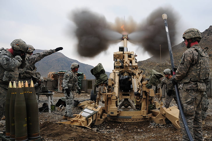 U.S. Army, mountain, M777, artillery, soldier, howitzer, firing, HD wallpaper