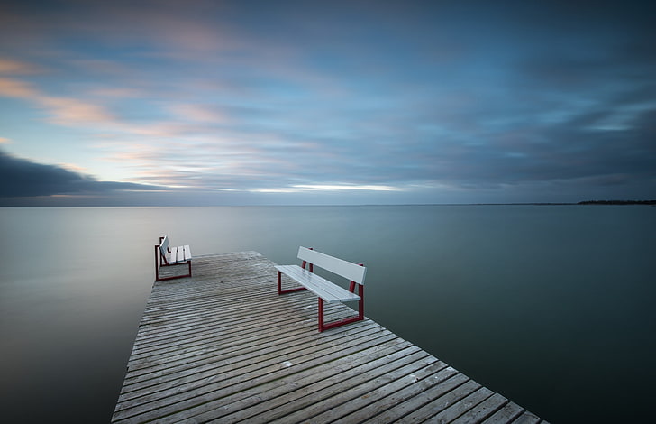 white and black wooden bed frame, pier, water, blue, sky, bench, HD wallpaper