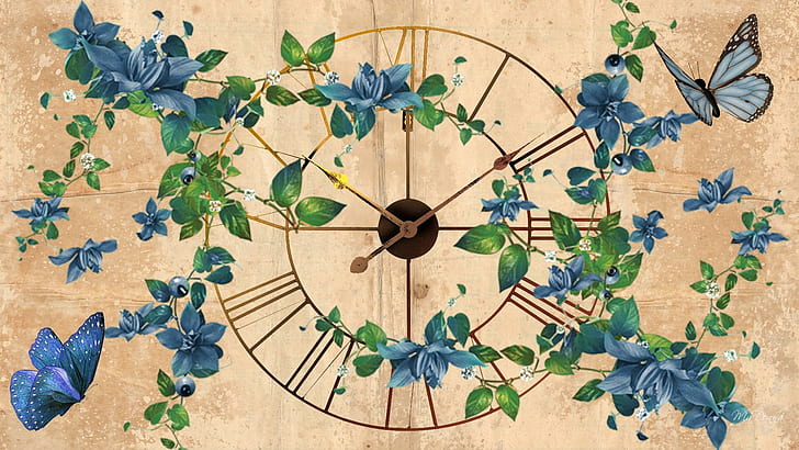 Blues Time, blue and green flower clock, firefox persona, abstract, HD wallpaper