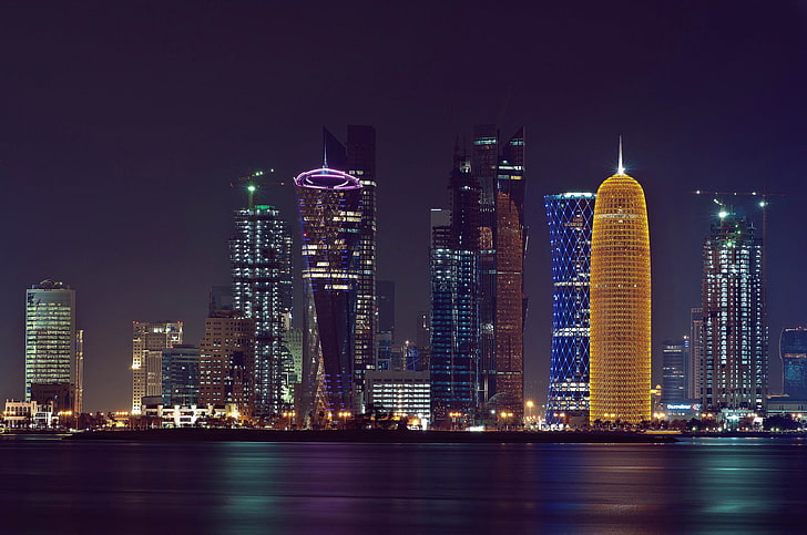 lighted high-rise buildings, night, the city, lights, The Persian Gulf, HD wallpaper