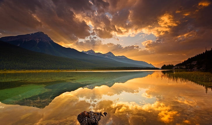 Canada, lake, reflection, sunset, clouds, mountains, forest, HD wallpaper